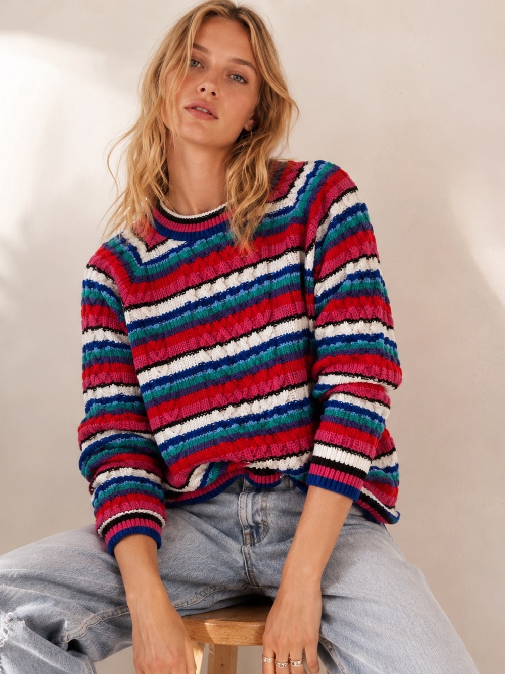 Colorful Chunky Cable Knit Striped Statement Sweater